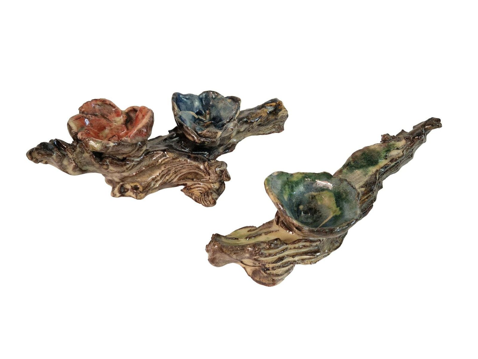 Hand Made Pottery Flower Tealight Candleholder Pair, French Glazed Ceramic Table Decor photo for sale