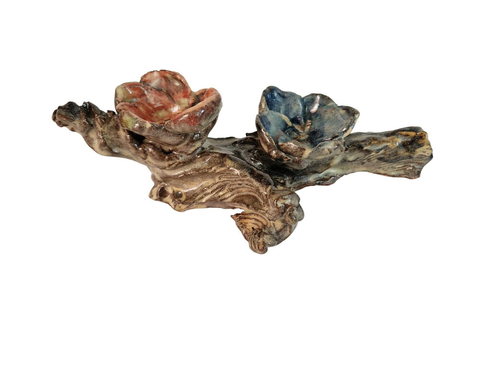 Hand Made Pottery Flower Tealight Candleholder Pair, French Glazed Ceramic Table Decor photo 119.0
