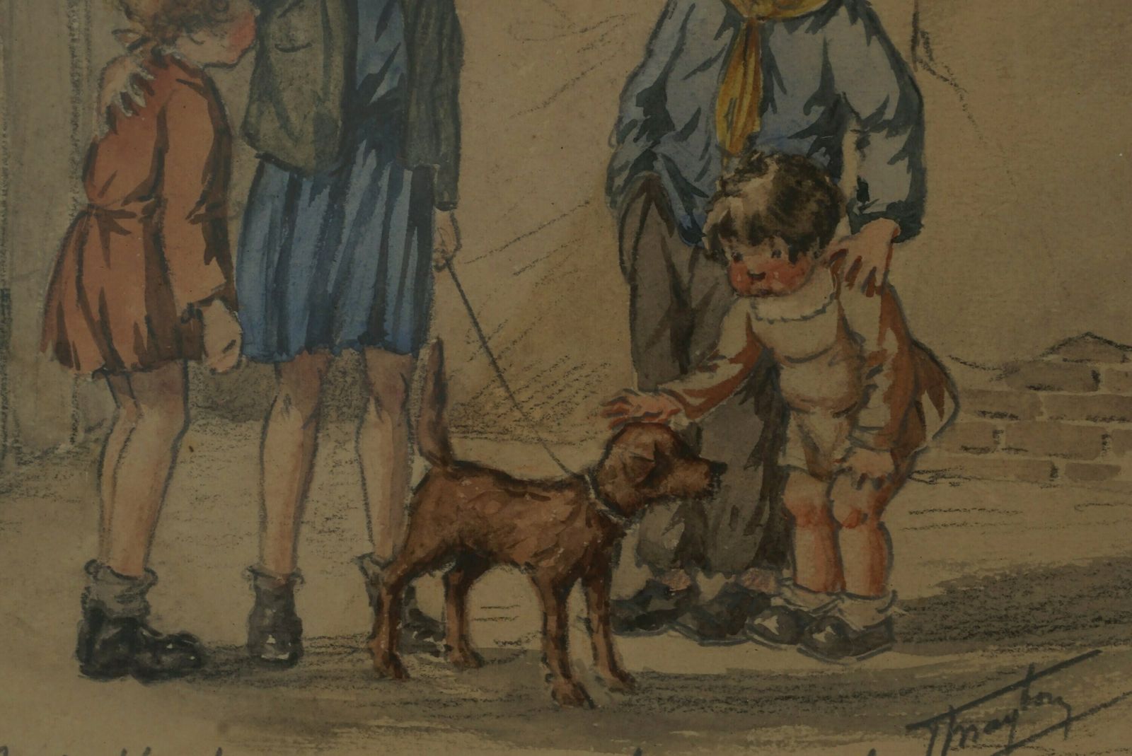 Antique French Drawing Of Street Urchin Children By T Maybon, Humorous Framed Kids And Dog Art photo 166.0