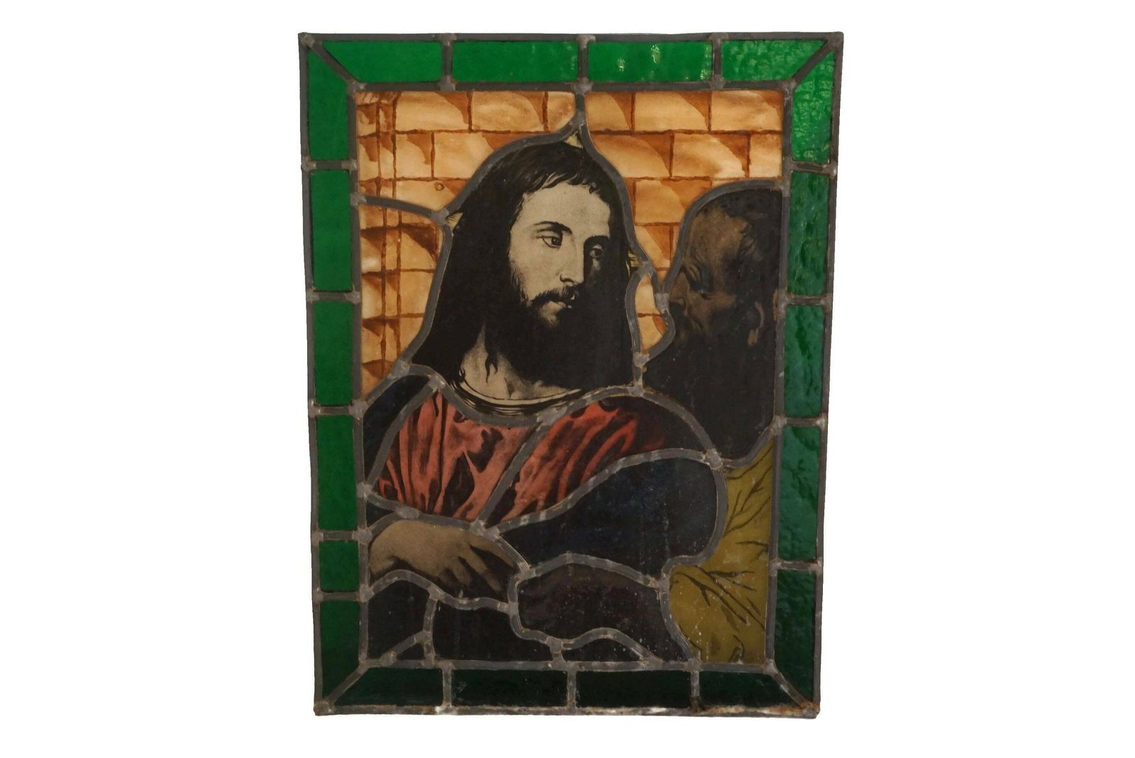 French Religious Stained Glass Panel, Antique Jesus Portrait, The Tribute Money By Titian photo furniture