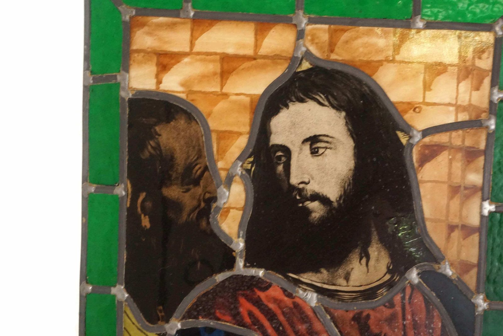 French Religious Stained Glass Panel, Antique Jesus Portrait, The Tribute Money By Titian photo for sale