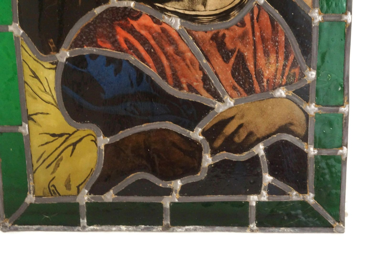 French Religious Stained Glass Panel, Antique Jesus Portrait, The Tribute Money By Titian photo vintage