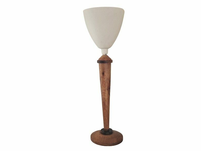 Art Deco Walnut Wood Table Lamp With Tulip Opaline Glass Shade French Mazda Style Light
