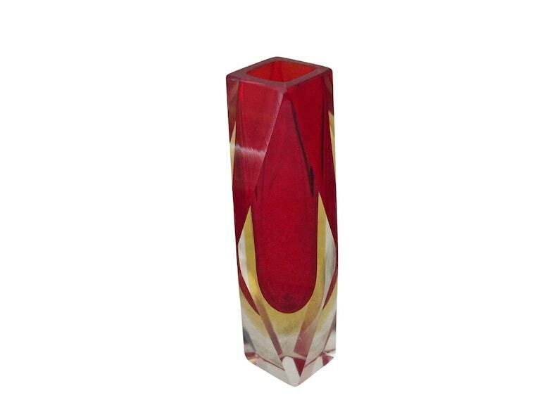 Rode Sommerso Murano Vaas Met Geslepen Facetten, Mid Century, Mandruzzato, Tweelaags Glas photo vintage