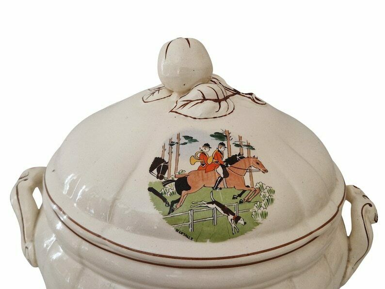 French Faience Soup Tureen With Horse And Hound Fox Hunting Transferware By Sarreguemines, Antique Ceramic Serving Dish With Lid photo buy