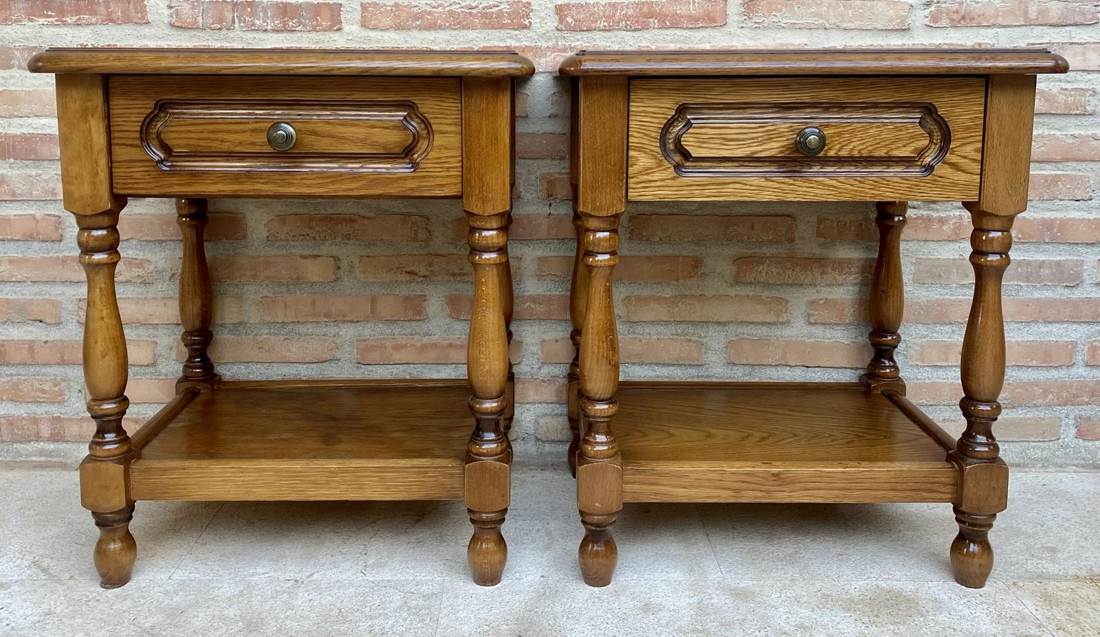 20th Century Pair Of Spanish Nightstands With One Drawer And Iron Hardware And One Open Shelf
