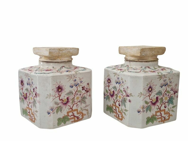 19th Century French Ceramic Bathroom Storage Canister Jars, Set Of 2 With Chinoiseries Style Flowers By Sarreguemines In China Pattern