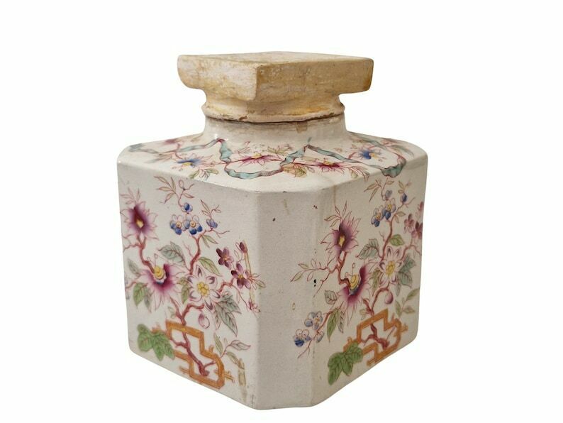 19th Century French Ceramic Bathroom Storage Canister Jars, Set Of 2 With Chinoiseries Style Flowers By Sarreguemines In China Pattern photo Home Decor