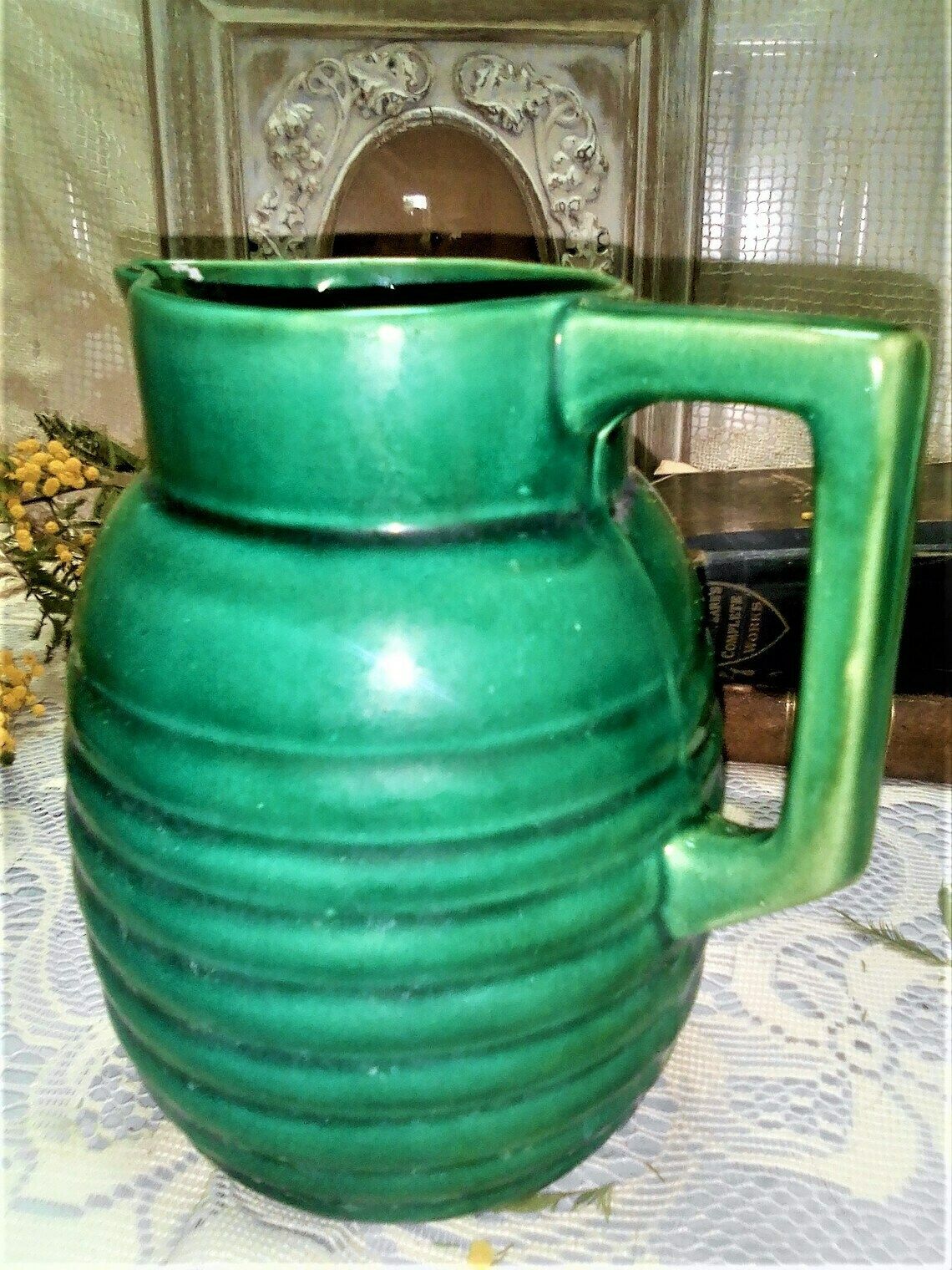 Vintage French Art Deco Green Glazed Majolica Pitcher, Mid Green Jug, Glazed Ceramic Vase photo Home Decor