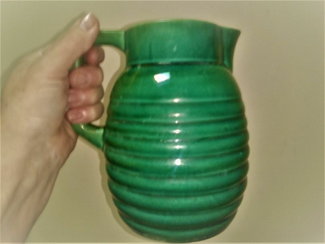Vintage French Art Deco Green Glazed Majolica Pitcher, Mid Green Jug, Glazed Ceramic Vase photo vintage