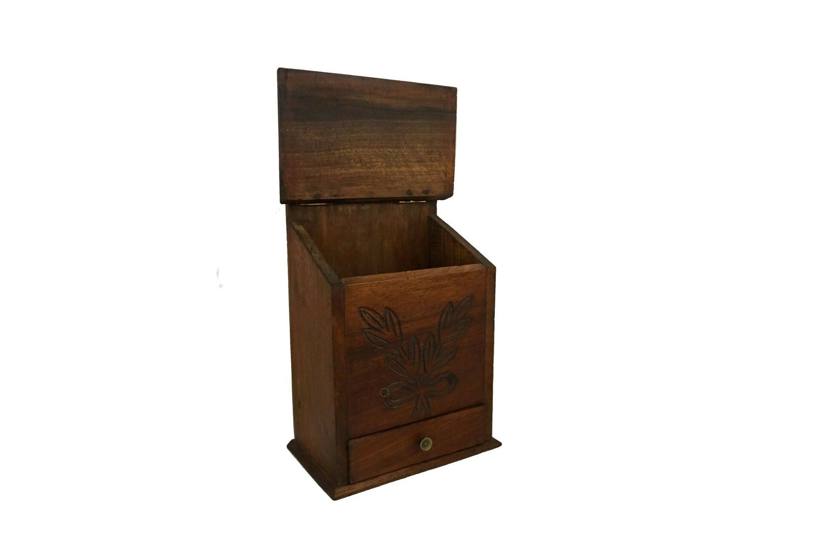 French Carved Wood Salt Box, Rustic Provencal Kitchen Storage Canister photo for sale