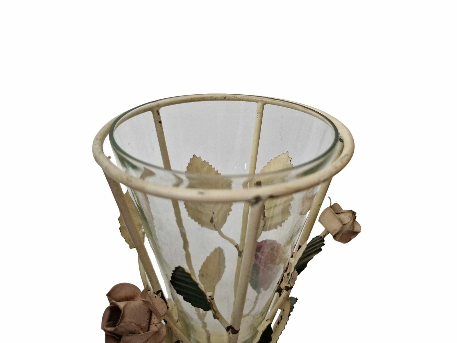 Tole Flower Glass Cone Vase With Metal Rose And Leaf Stand photo 50.0
