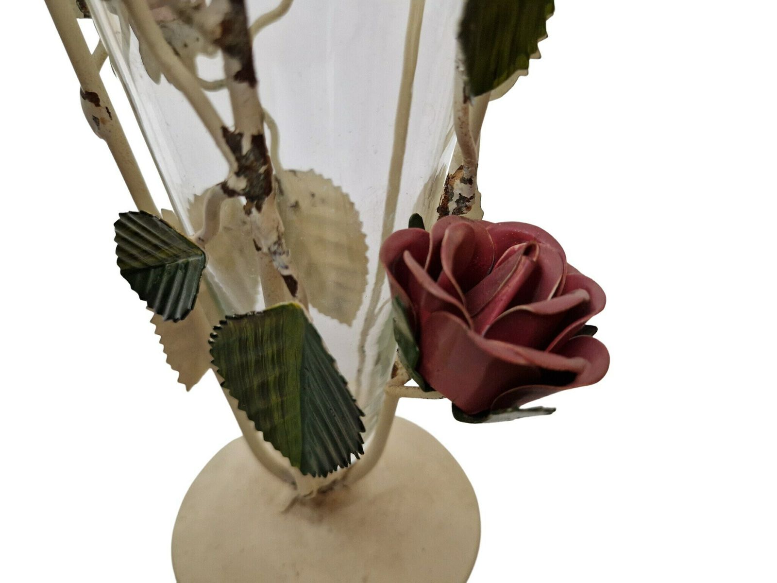 Tole Flower Glass Cone Vase With Metal Rose And Leaf Stand photo buy