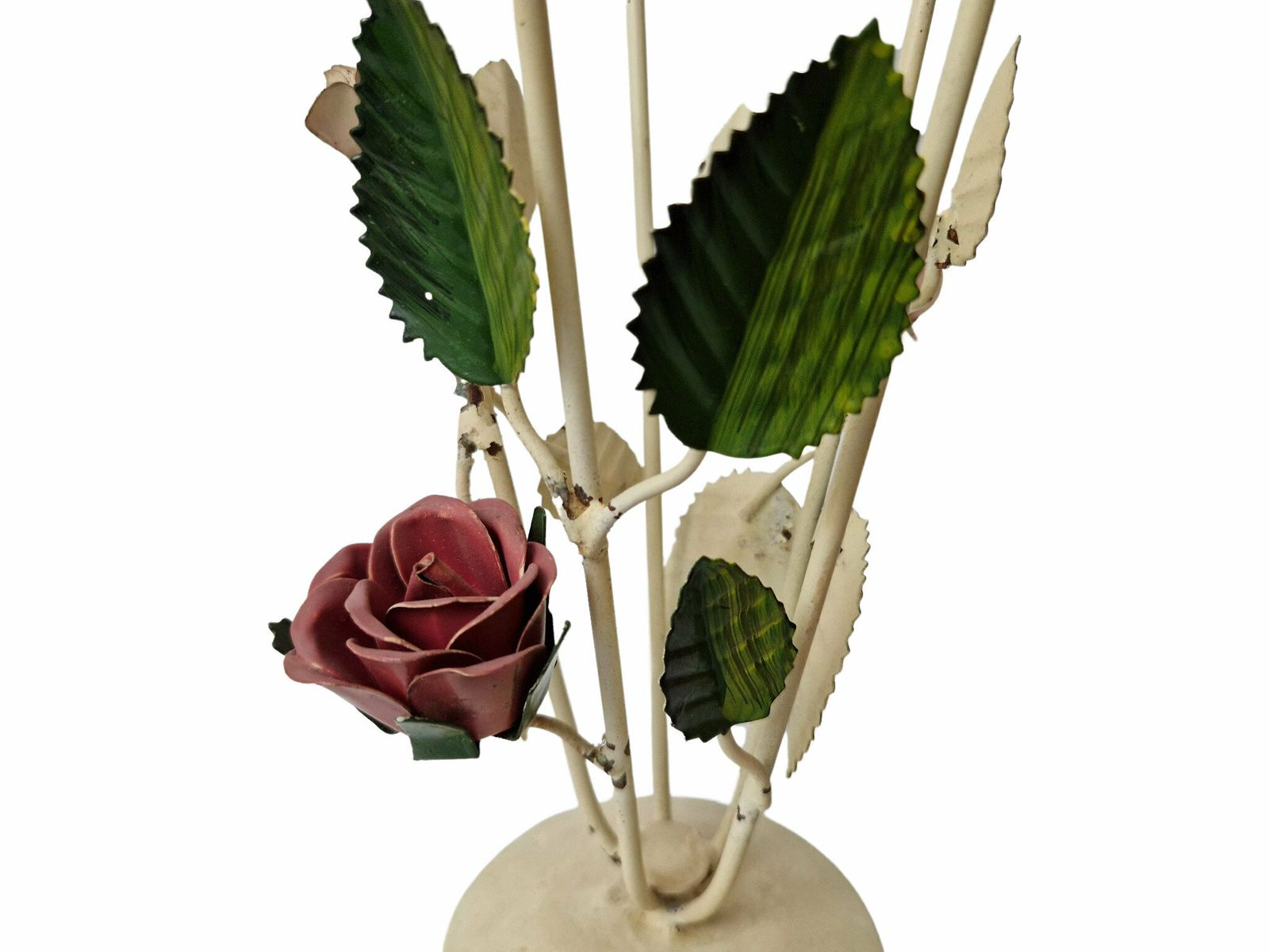 Tole Flower Glass Cone Vase With Metal Rose And Leaf Stand photo vintage