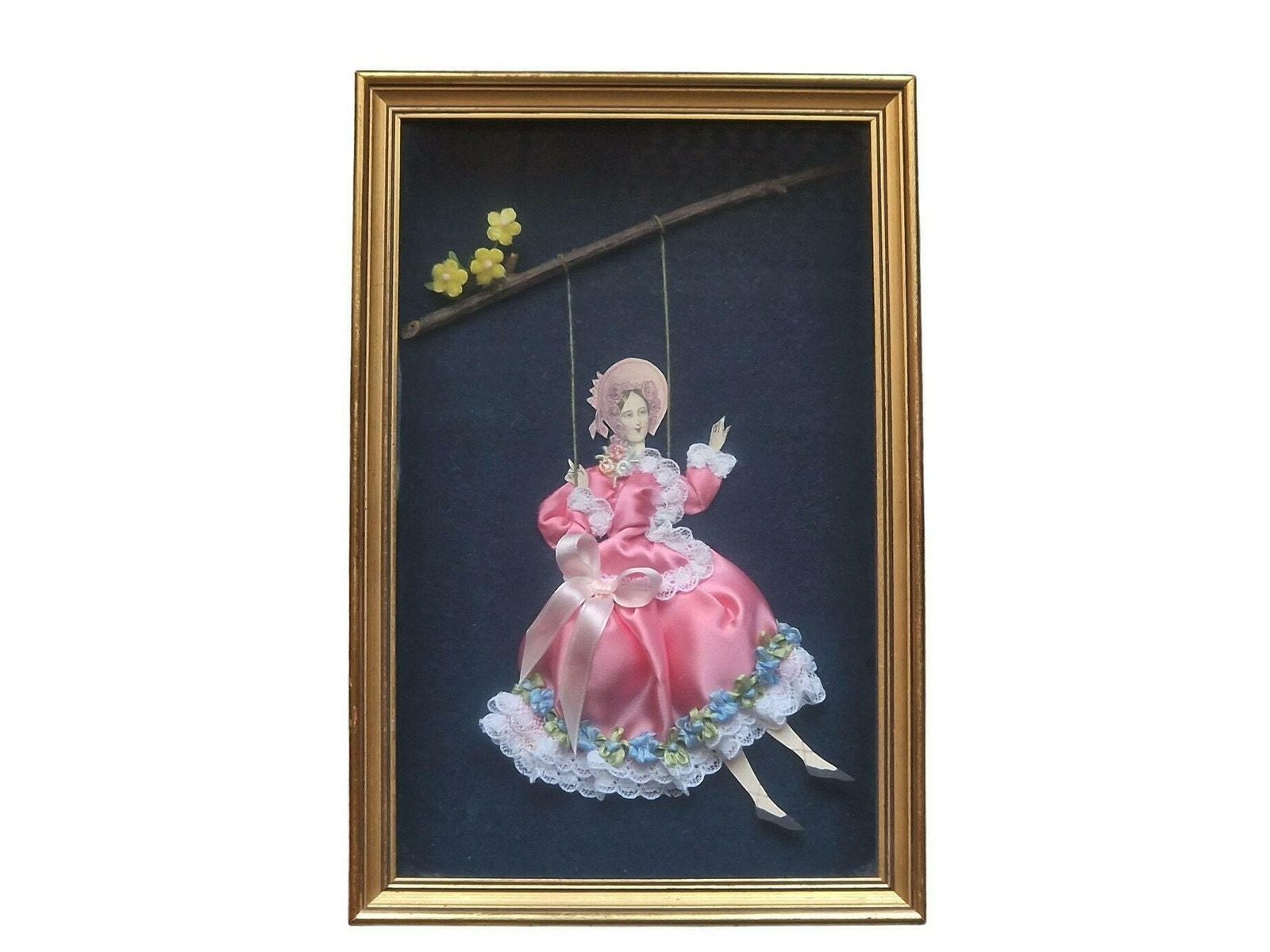 French Victorian Fashion Shadow Box, Lady On Swing In Hand Made Diorama