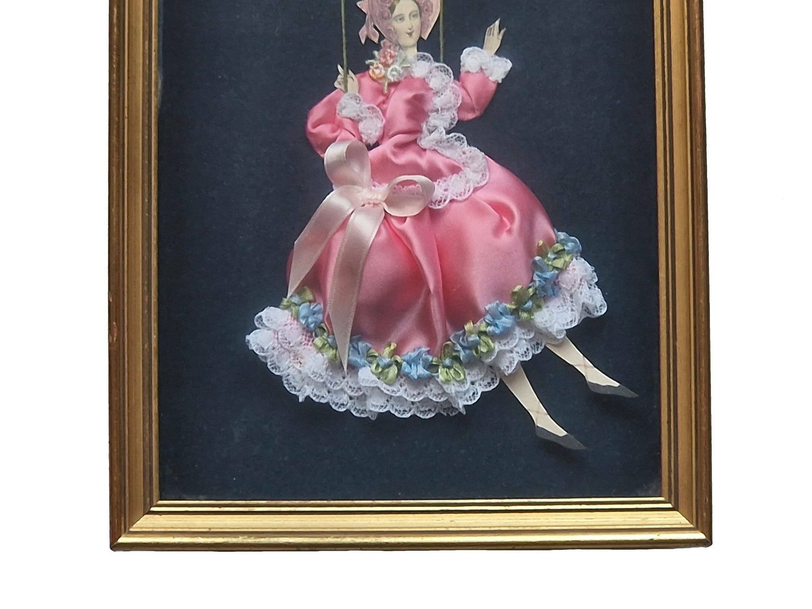 French Victorian Fashion Shadow Box, Lady On Swing In Hand Made Diorama photo Art