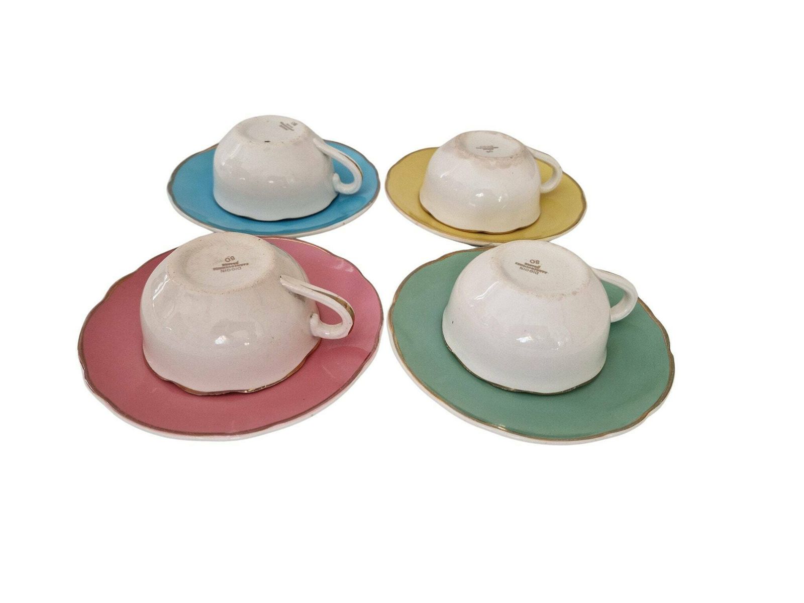 1950s Pastel Cups And Saucers Set Of 4, Mid Century French French Porcelain Demitasse Coffee Set By Digoin Sarreguemines photo for sale