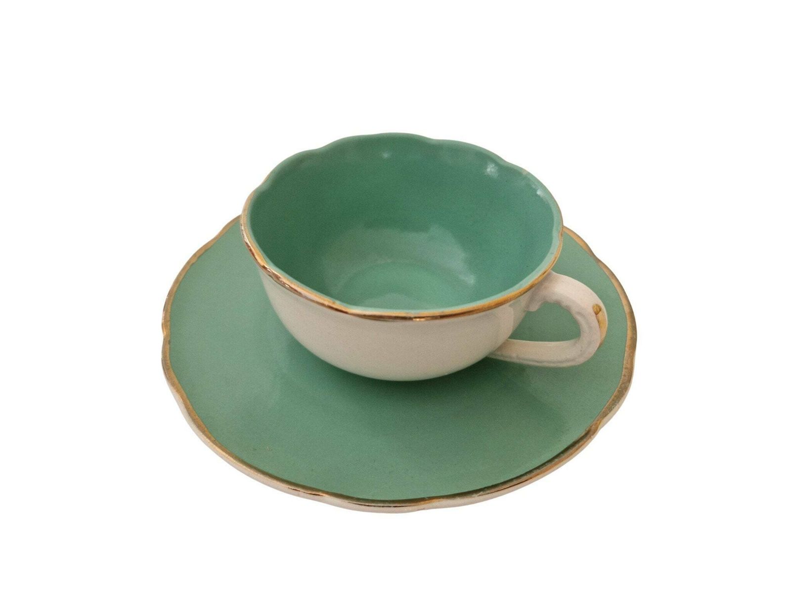 Set Van 4 Pastelkleurige Kopjes En Schoteltjes, Ca. Jaren 1950 – Mid Century Frans Porseleinen Demitasse Koffieservies Van Digoin Sarreguemines photo vinterior