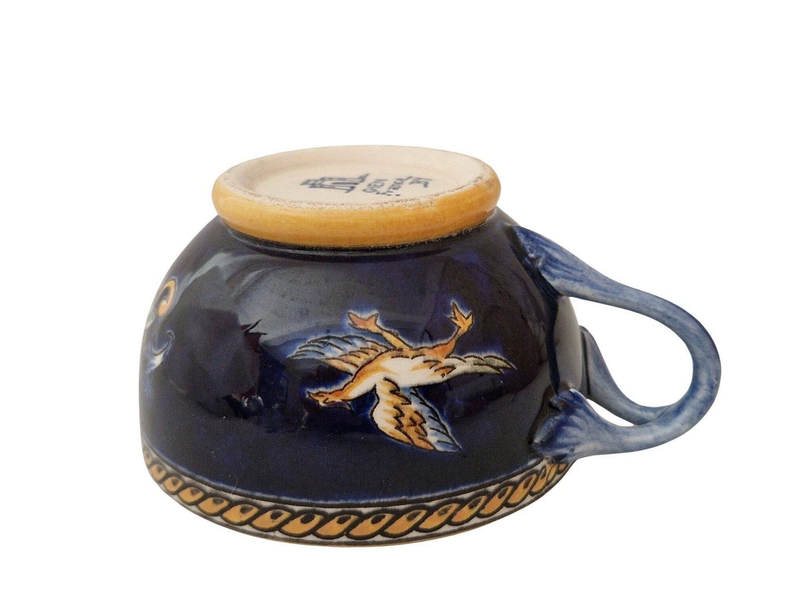 Gien Blue Renaissance Tea Cup And Saucer Set With Hand Painted Mythology Pattern, French Faience photo vintage