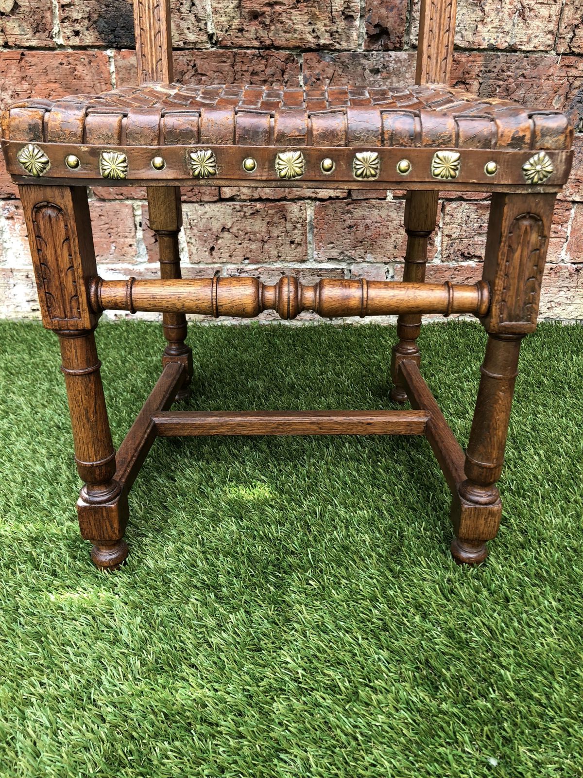 The Arts & Craft Chair, Unusual Antique Oak Lions Head Carved Leather Webbed Seat Chair With Brass Studding. photo for sale