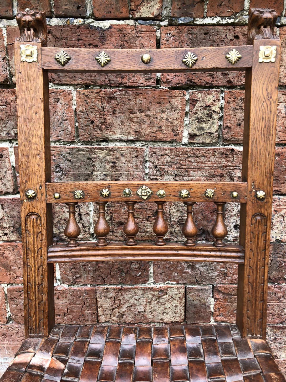 The Arts & Craft Chair, Unusual Antique Oak Lions Head Carved Leather Webbed Seat Chair With Brass Studding. photo buy