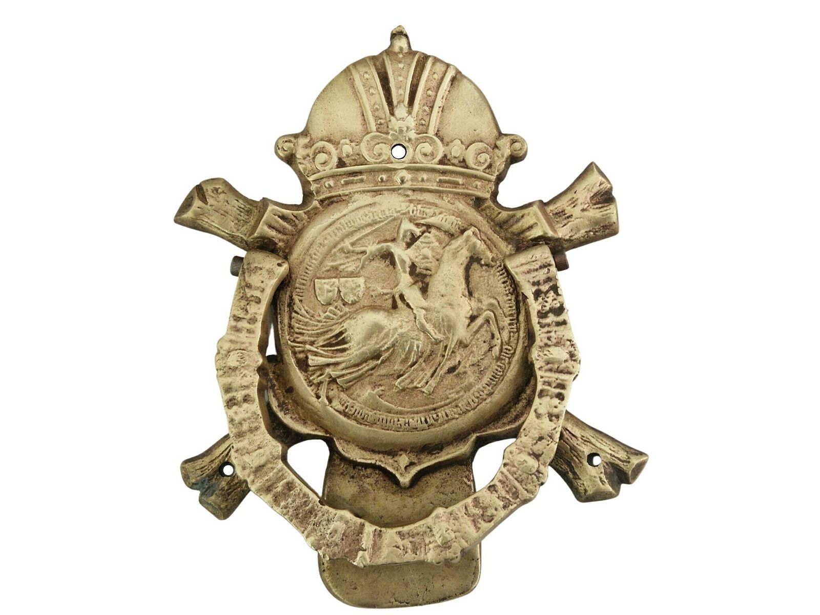 Antique French Bronze Door Knocker With Templar Knight On Horseback, Horseshoe And Crown