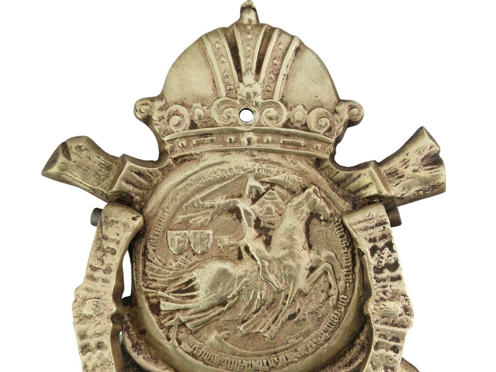 Antique French Bronze Door Knocker With Templar Knight On Horseback, Horseshoe And Crown photo for sale
