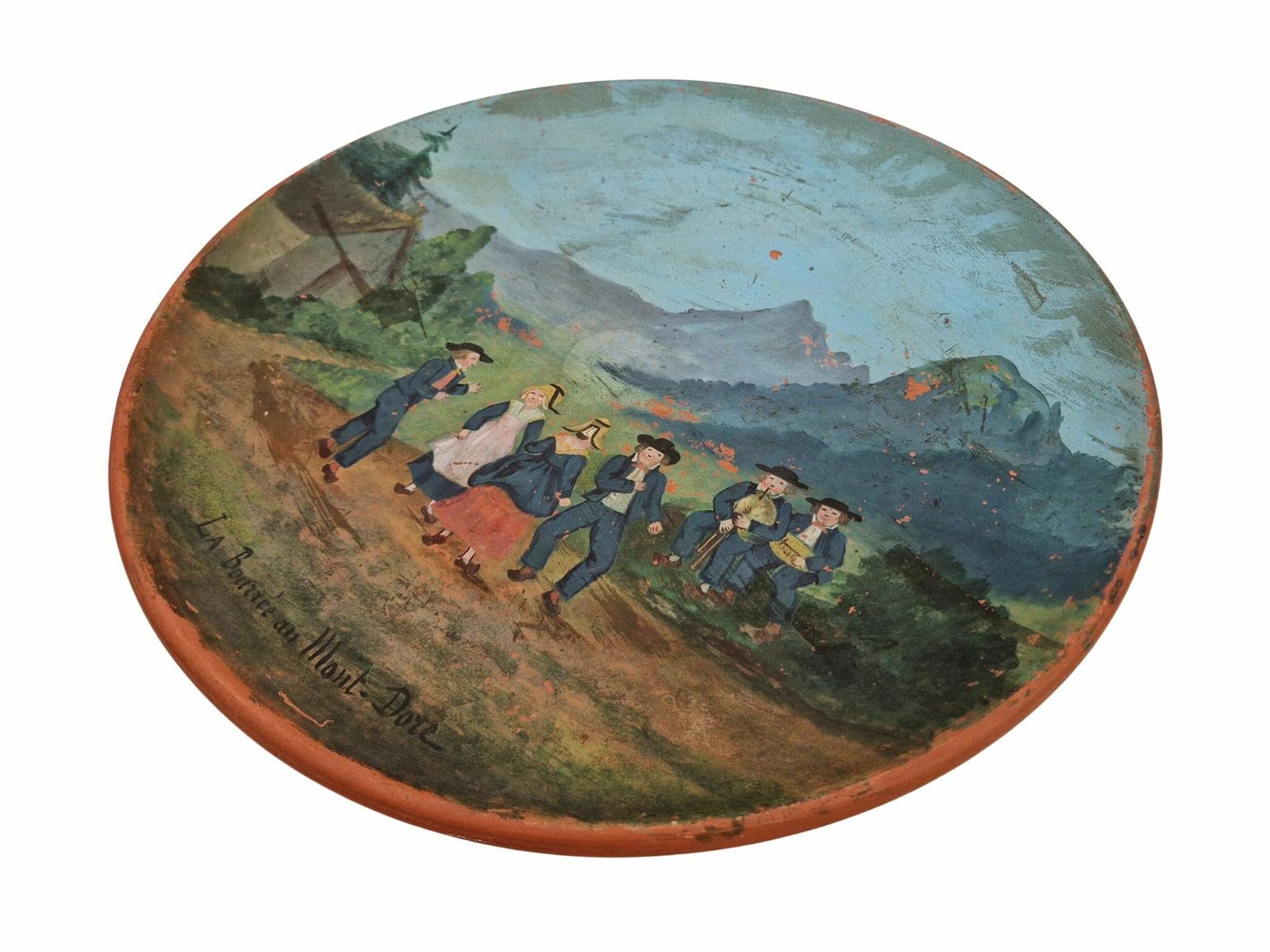 French Antique Terracotta Wall Plate With Hand Painted Village Dancing Scene, Folk Art Bouree Dance photo furniture