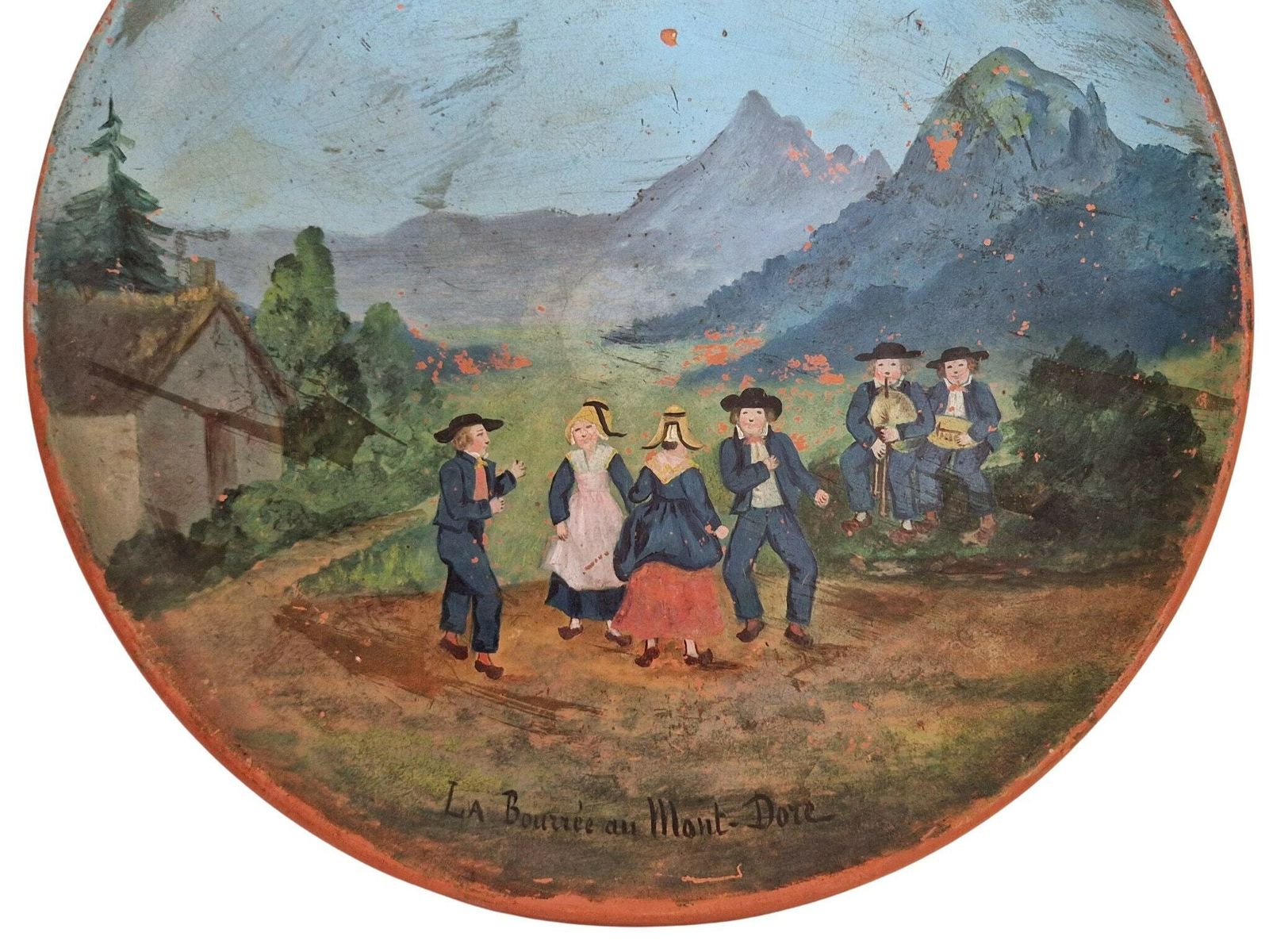 French Antique Terracotta Wall Plate With Hand Painted Village Dancing Scene, Folk Art Bouree Dance photo 166.0