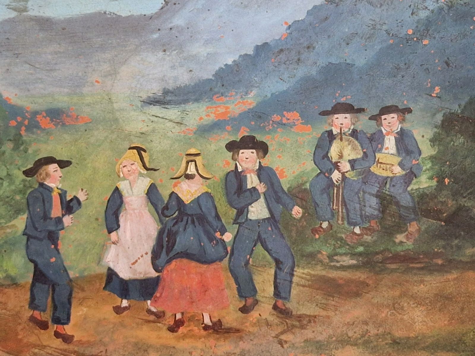 French Antique Terracotta Wall Plate With Hand Painted Village Dancing Scene, Folk Art Bouree Dance photo vintage