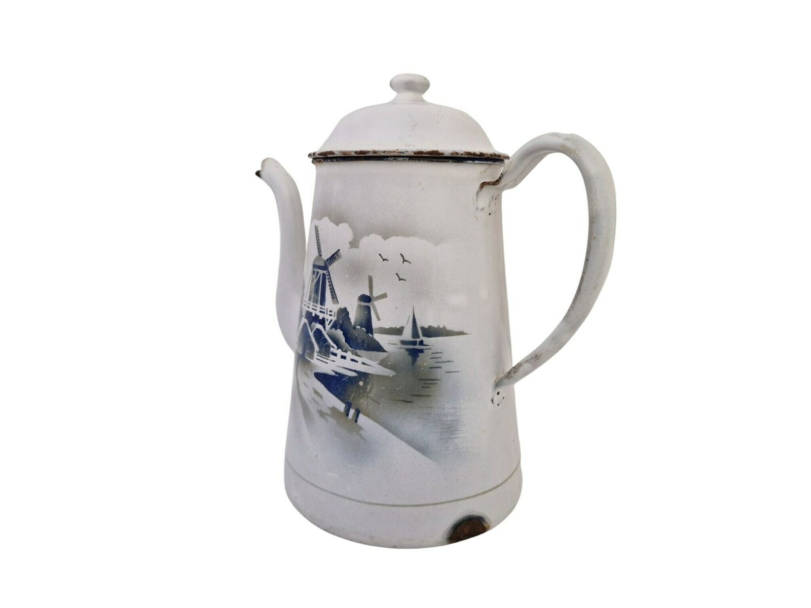 French Enamel Coffee Pot With Windmills, Vintage Blue And White Enamelware Teapot, Rustic Kitchen Decor photo Home Decor