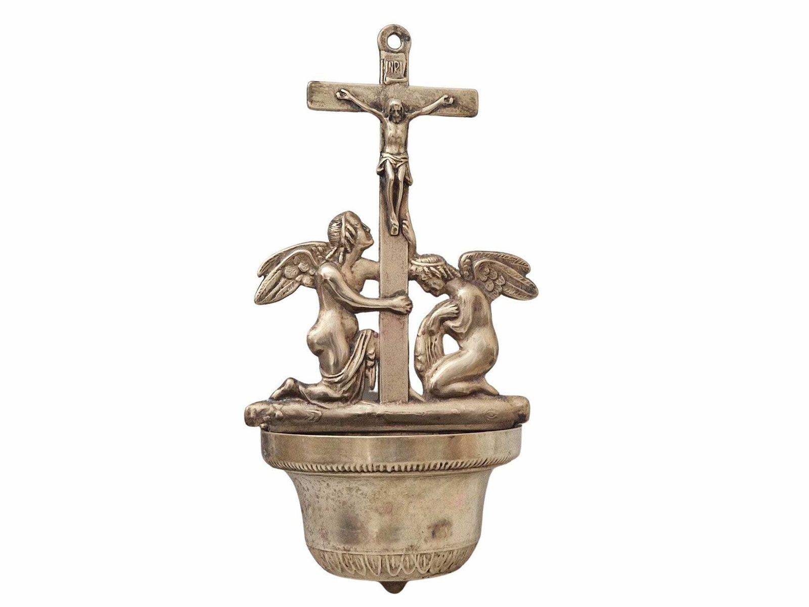 Vintage Brass Holy Water Font With Angels And Crucifix Wall Hanging