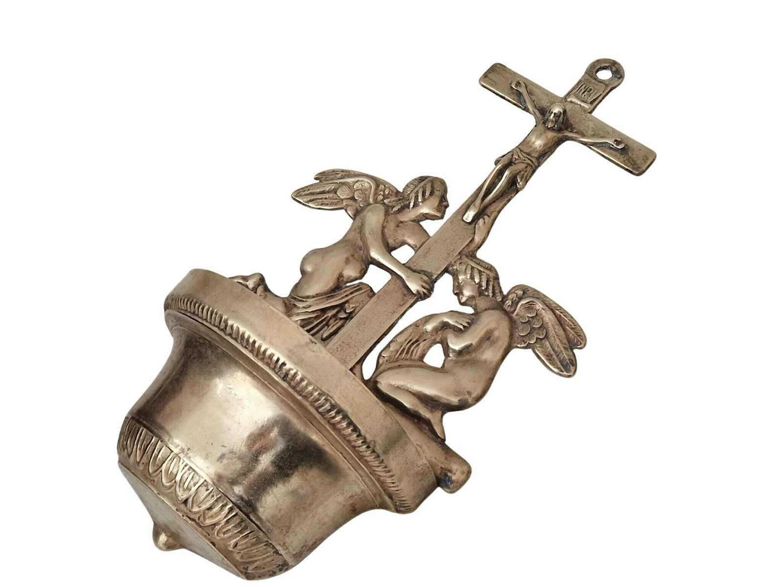 Vintage Brass Holy Water Font With Angels And Crucifix Wall Hanging photo for sale