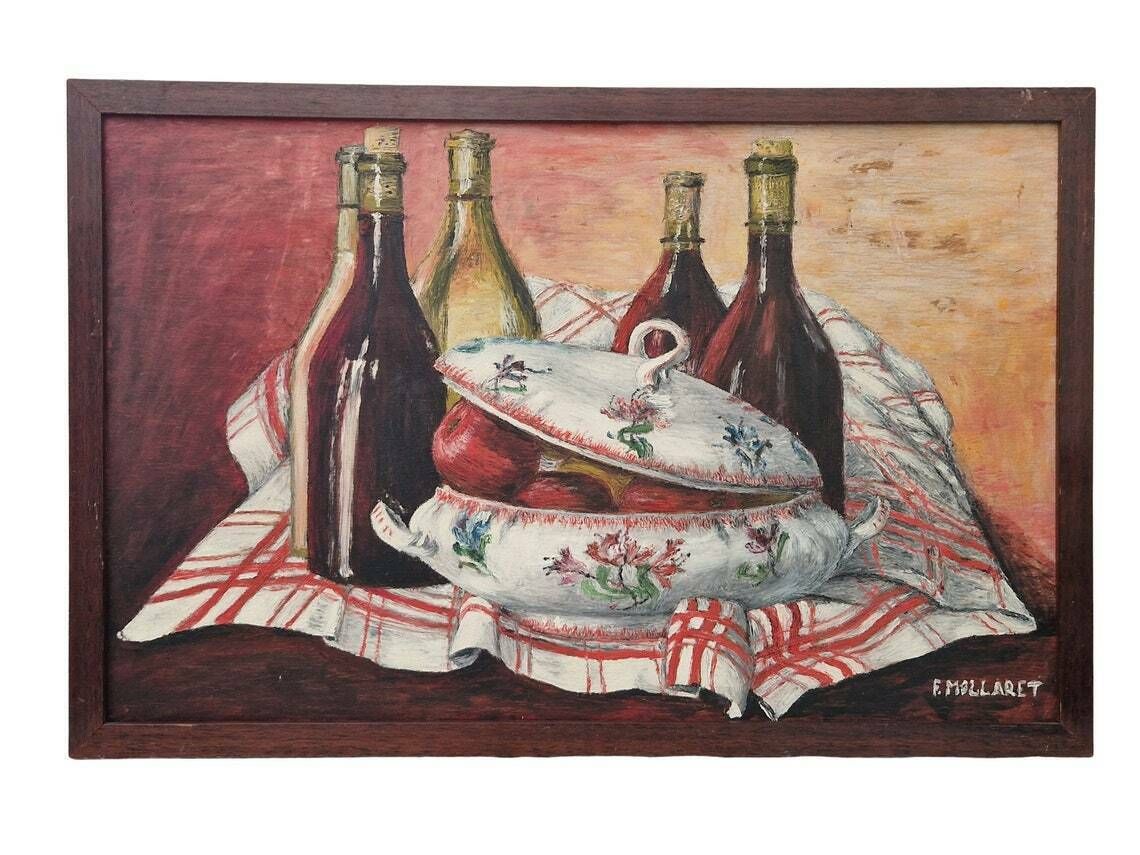 French Wine Bottle And Soup Tureen Still Life Painting, Rustic Home And Kitchen Wall Art, Framed And Signed F Mollaret