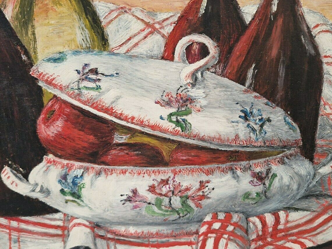 French Wine Bottle And Soup Tureen Still Life Painting, Rustic Home And Kitchen Wall Art, Framed And Signed F Mollaret photo Art