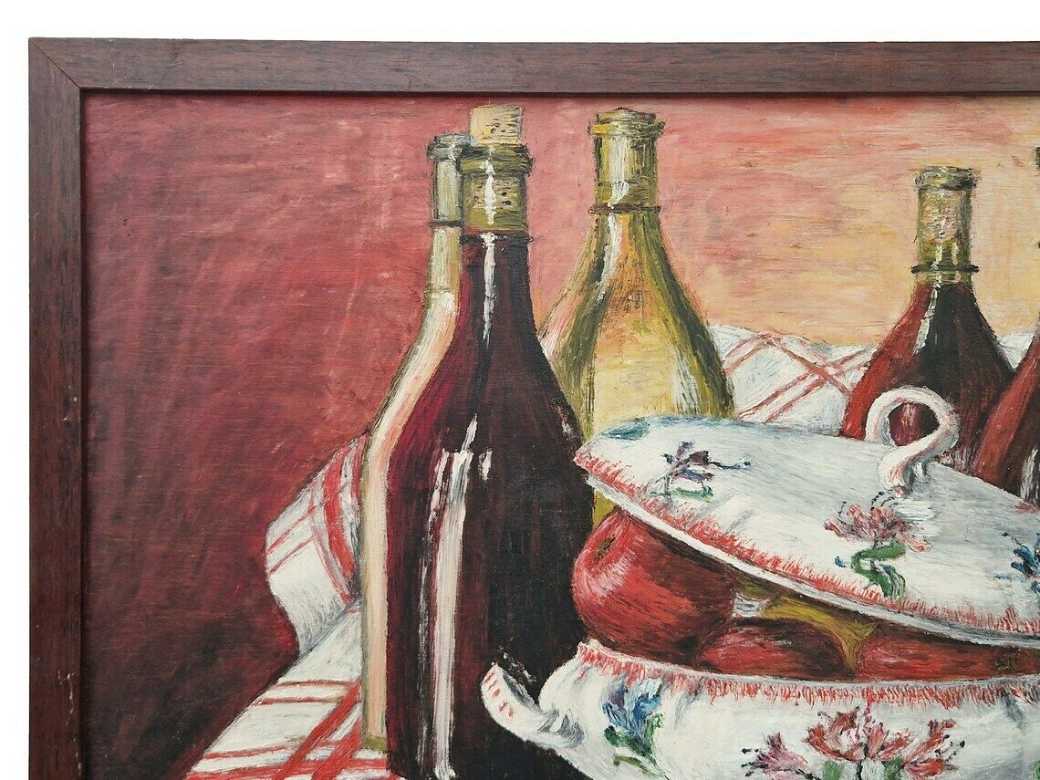 French Wine Bottle And Soup Tureen Still Life Painting, Rustic Home And Kitchen Wall Art, Framed And Signed F Mollaret photo buy