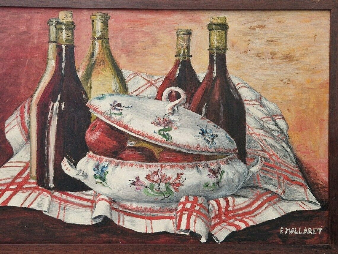 photo furniture French Wine Bottle And Soup Tureen Still Life Painting, Rustic Home And Kitchen Wall Art, Framed And Signed F Mollaret