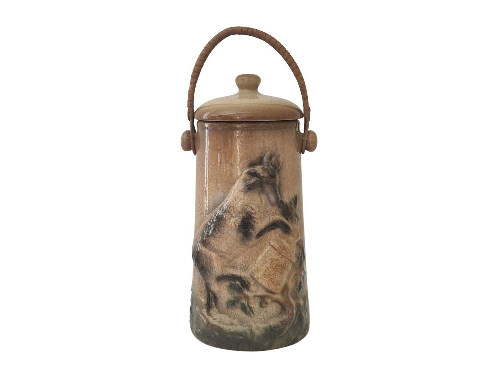 Antique French Majolica Milk Pail Can With Goat Figure, Rustic Country Kitchen Decor