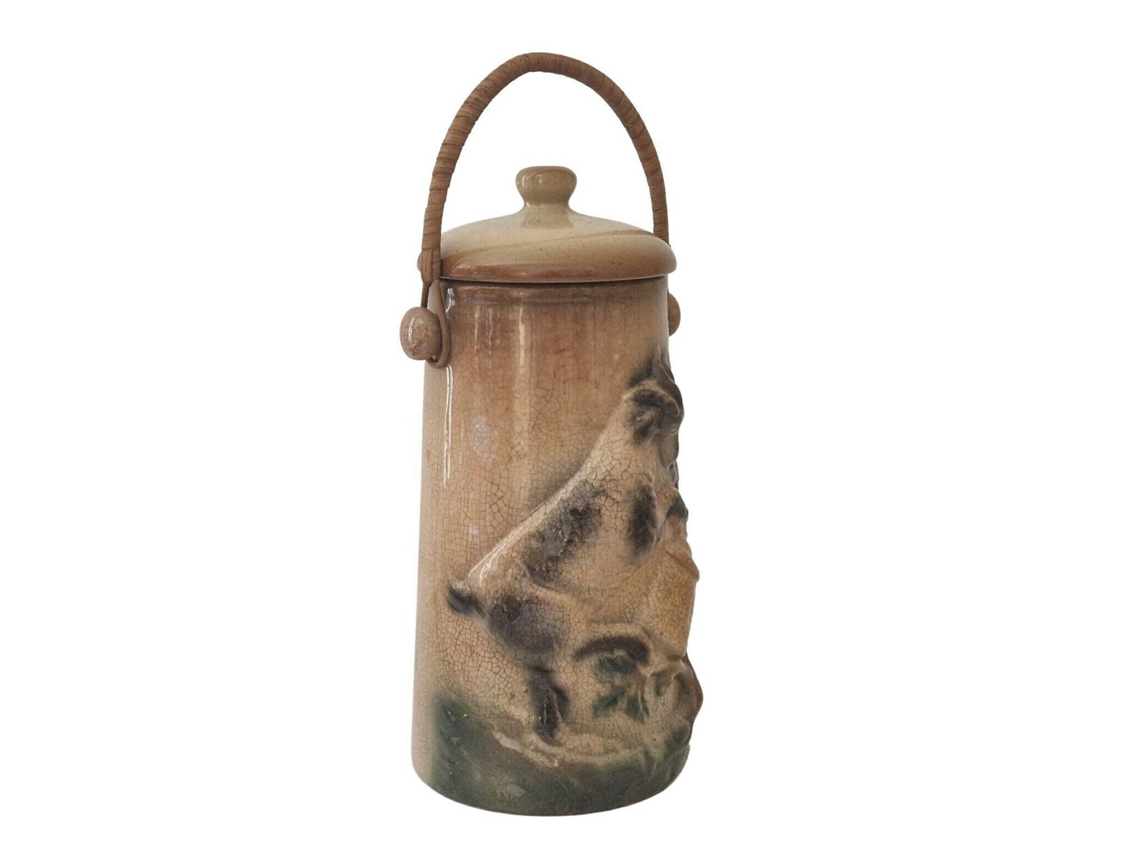 Antique French Majolica Milk Pail Can With Goat Figure, Rustic Country Kitchen Decor photo for sale