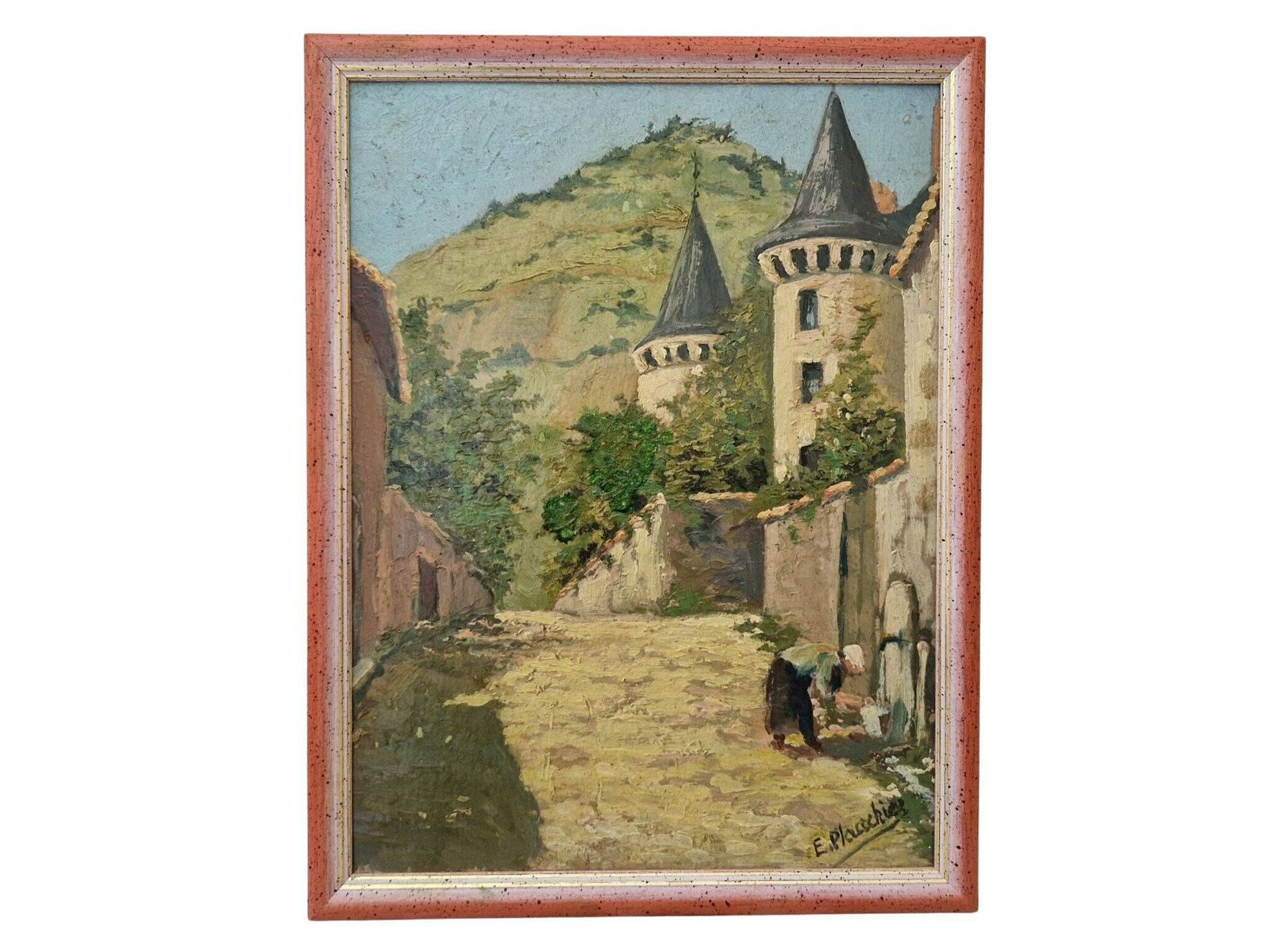 French Chateau Oil Painting By Edouard Plauchier With Laundry Washer, Antique Country Wall Art Decor