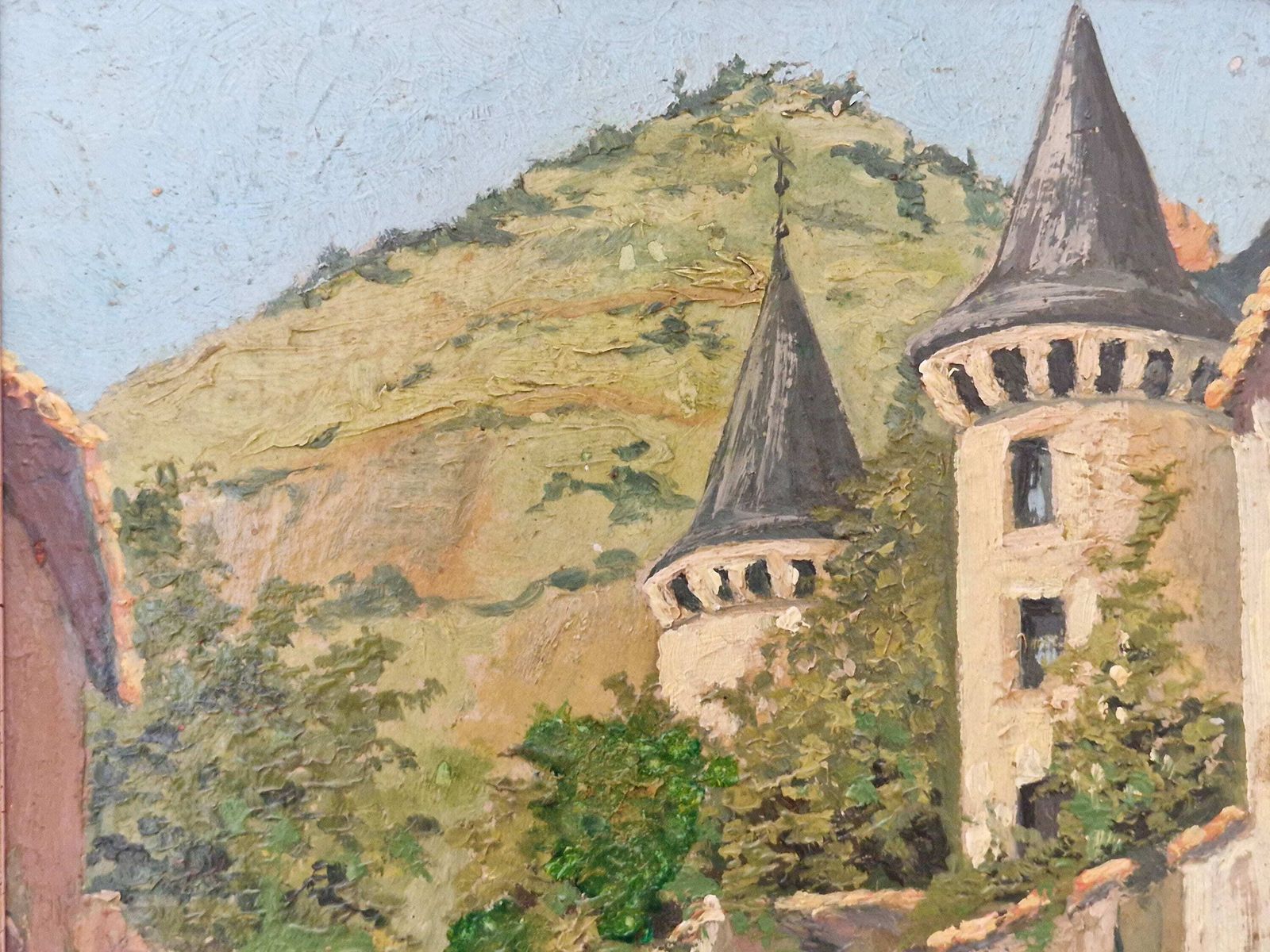 French Chateau Oil Painting By Edouard Plauchier With Laundry Washer, Antique Country Wall Art Decor photo vinterior