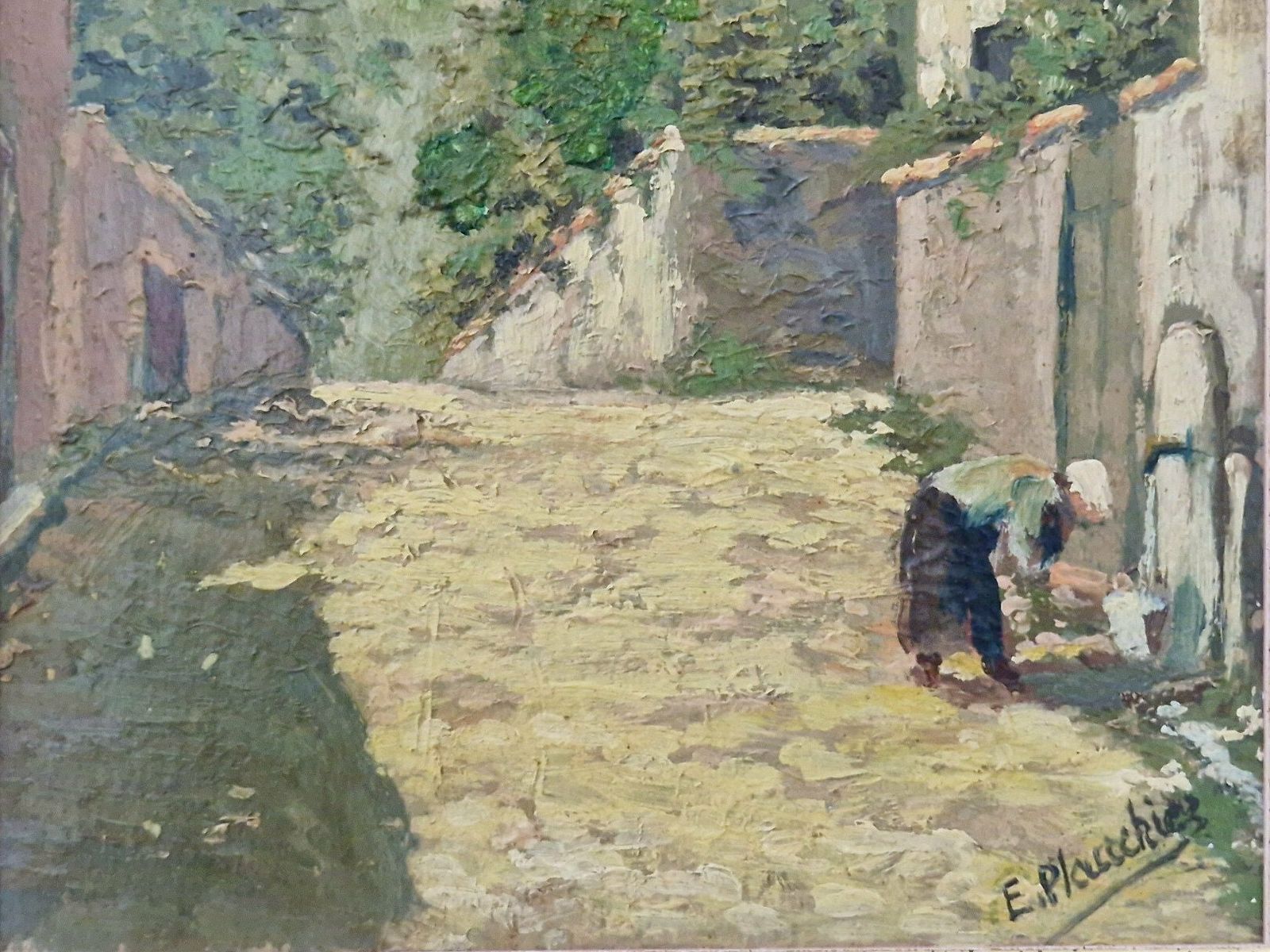 French Chateau Oil Painting By Edouard Plauchier With Laundry Washer, Antique Country Wall Art Decor photo buy
