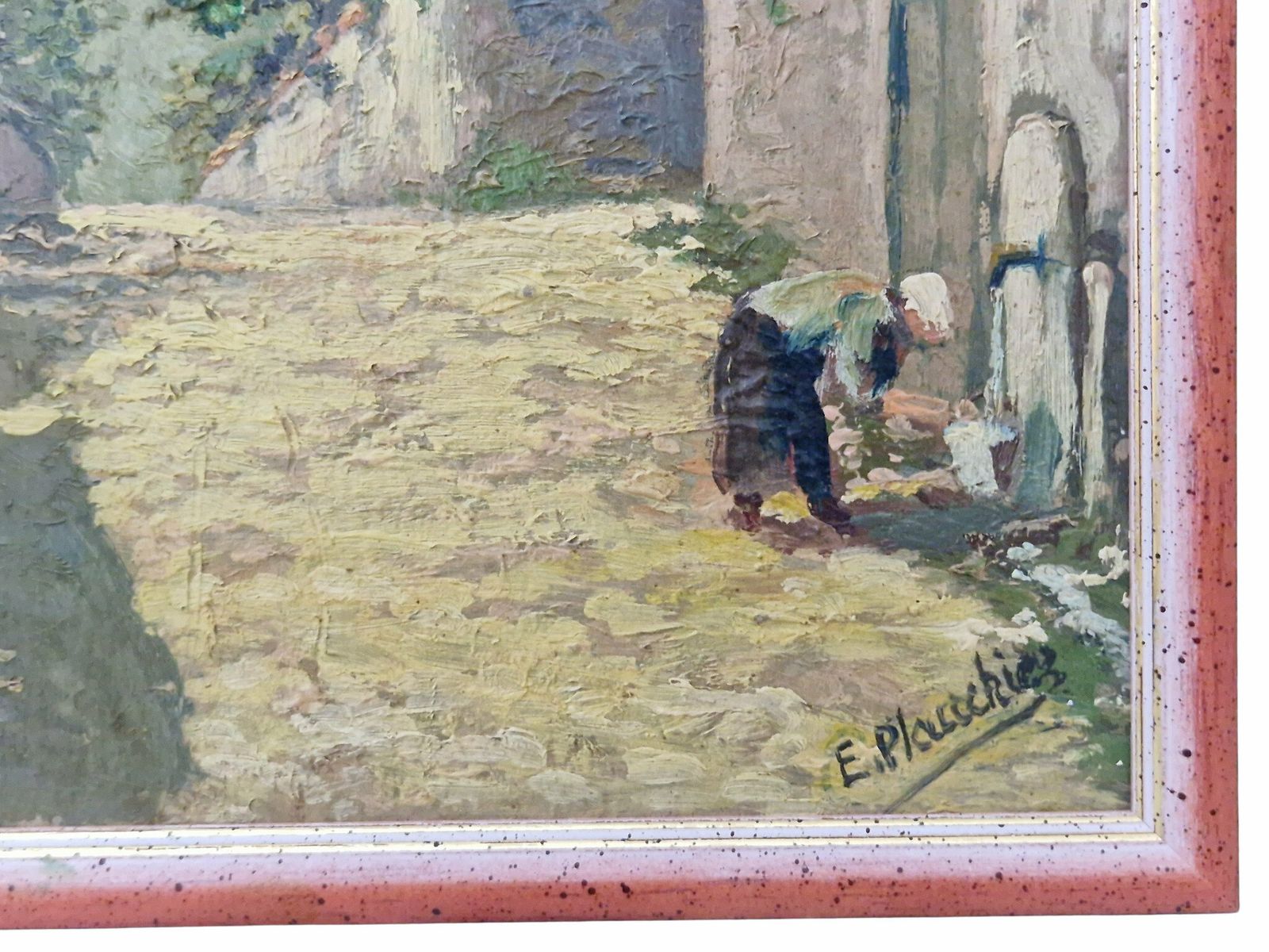 photo for sale French Chateau Oil Painting By Edouard Plauchier With Laundry Washer, Antique Country Wall Art Decor