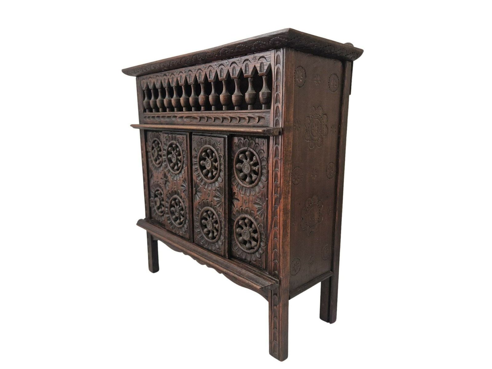 French Breton Doll Furniture Sideboard, Miniature Carved Wooden Buffet Cupboard photo vintage