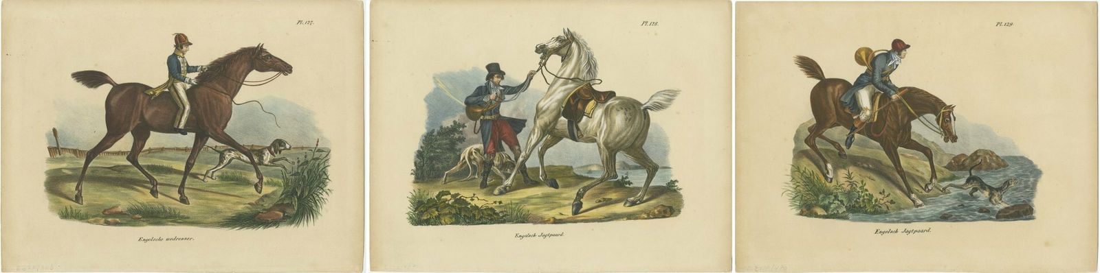 Set Of 3 Antique Hand Colored Prints Of English Horses With Riders