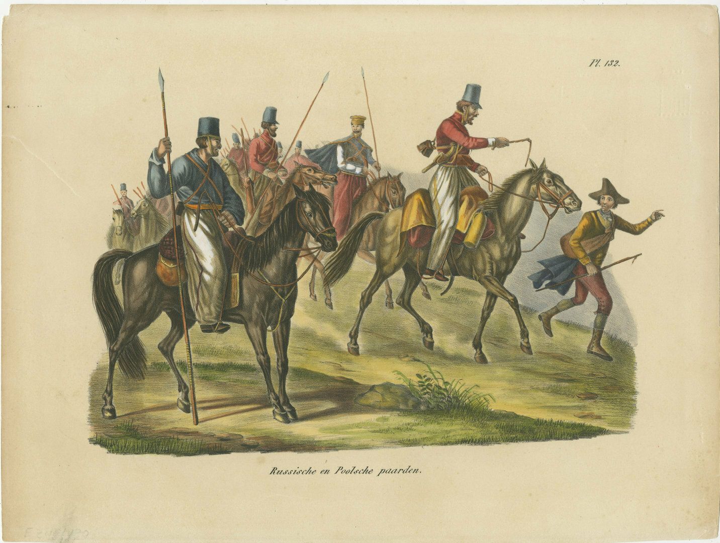 Antique Hand Colored Print Of Russian And Polish Horses