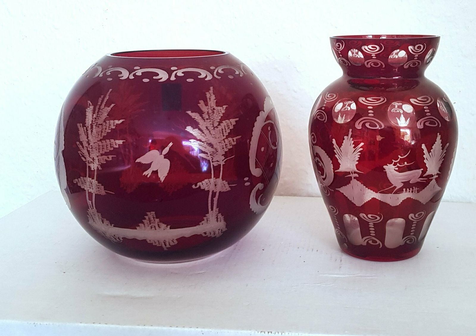 Rubin Red Bohemian Vases With Forest Motif, Set Of 2 photo for sale