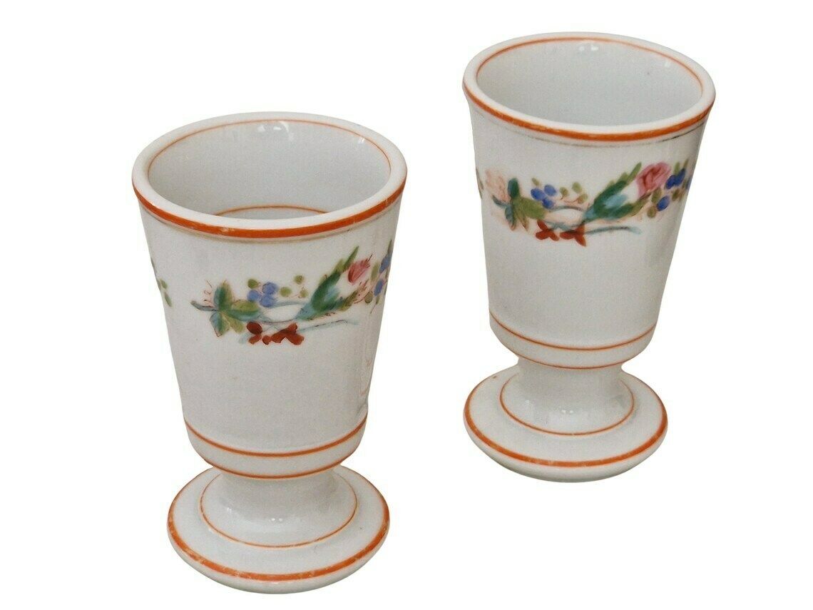 Antique French Porcelain Mazagran Brulot Coffee Cups A Pair Paris Cafe Footed Goblets photo vinterior
