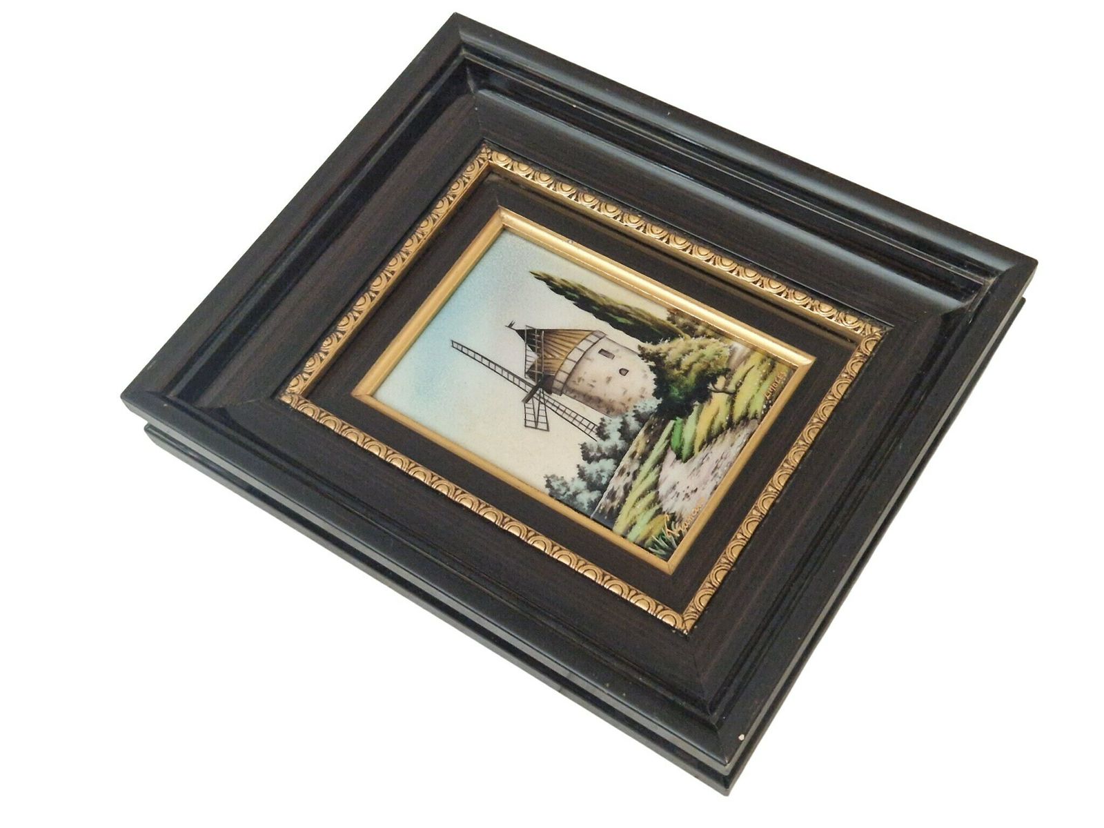 Hand Painted Limoges Enamel Painting With Daudet Windmill By Francoise, Framed Provence Landscape photo Art