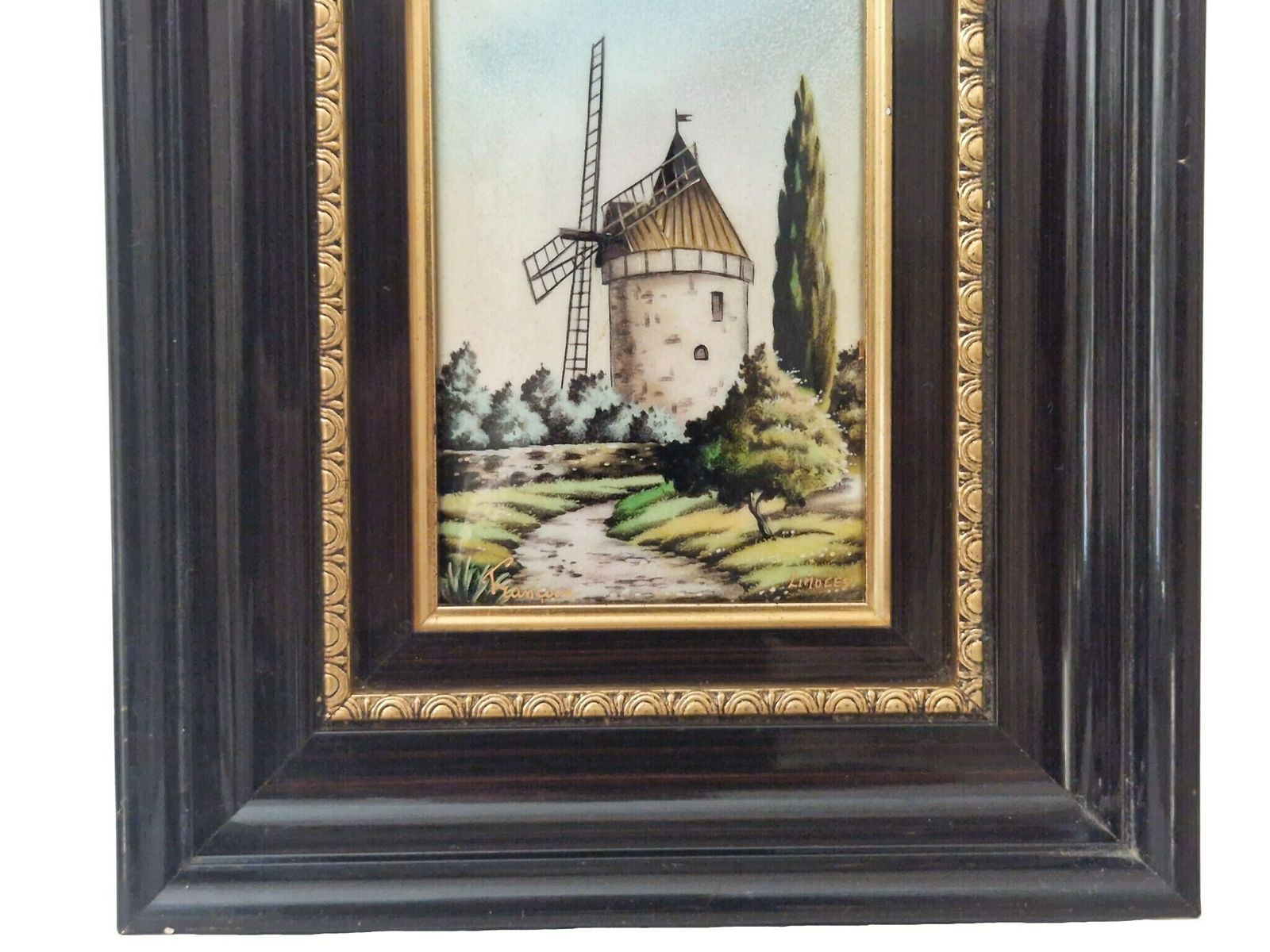 Hand Painted Limoges Enamel Painting With Daudet Windmill By Francoise, Framed Provence Landscape photo buy